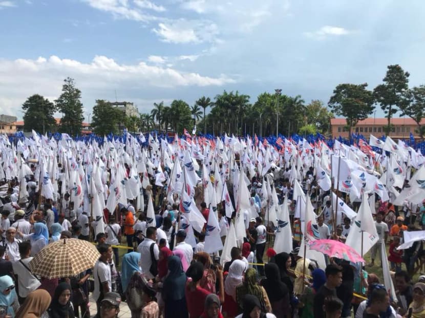 Supporters waving flags of Warisan Sabah, a party led by former federal minister Shafie Apdal.