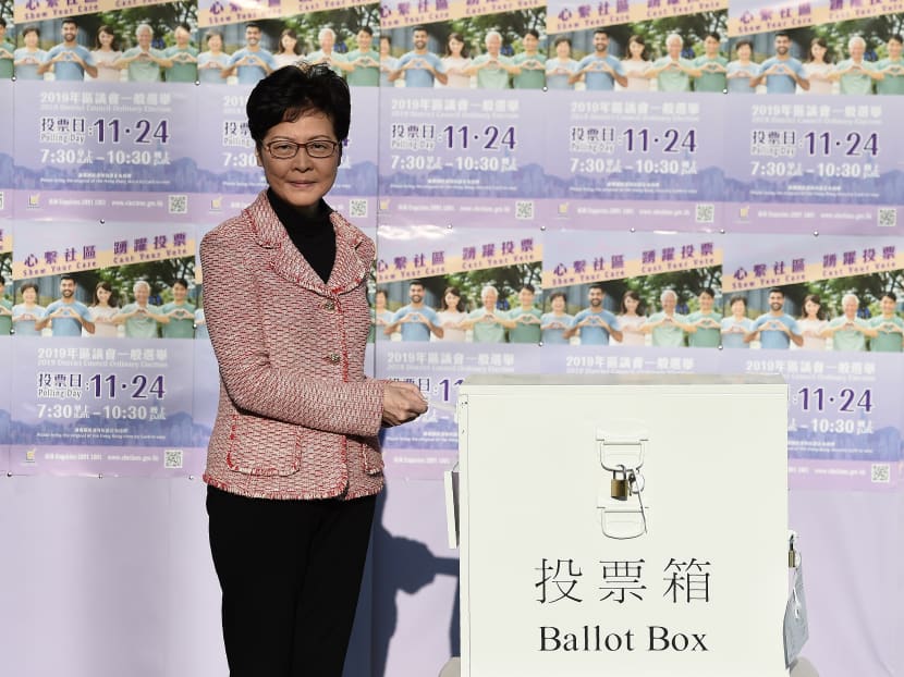 Hong Kong Chief Executive Carrie Lam casting her vote during the district council elections in Hong Kong on Nov 24, 2019. Hong Kong Chief Executive Carrie Lam casting her vote during the district council elections in Hong Kong on Nov 24, 2019.
