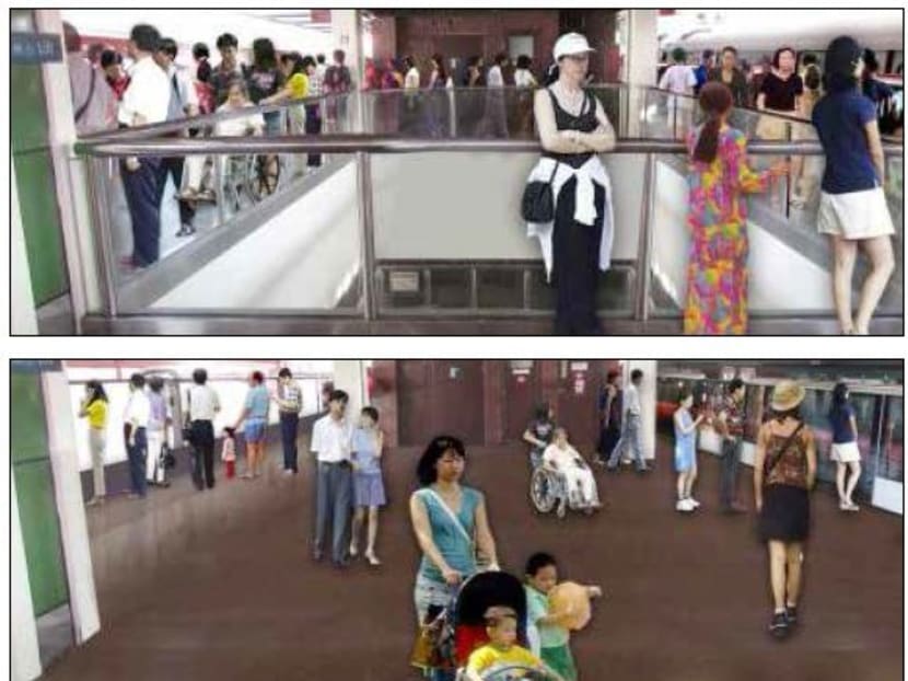 (Top) How Choa Chu Kang MRT Station platform looks now, and (above) how it would look with the void space covered up. Artist’s impressions: LTA