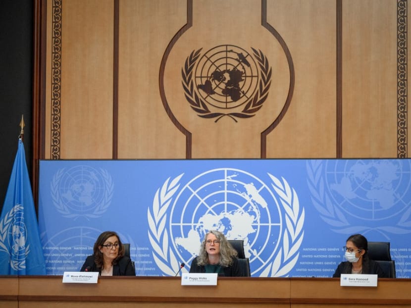 Chief of the Rule of Law, Equality and Non-Discrimination Branch in the Office of the High Commissioner for Human Rights Mona Rishmawi, Director of thematic engagement Peggy Hicks and Racial justice team leader Sara Hamood attend the presentation of a report of the United Nations High Commissioner for Human Rights on racial justice and equality, in the aftermath of the murder of George Floyd, on June 28, 2021 in Geneva. Chief of the Rule of Law, Equality and Non-Discrimination Branch in the Office of the High Commissioner for Human Rights Mona Rishmawi, Director of thematic engagement Peggy Hicks and Racial justice team leader Sara Hamood attend the presentation of a report of the United Nations High Commissioner for Human Rights on racial justice and equality, in the aftermath of the murder of George Floyd, on June 28, 2021 in Geneva.