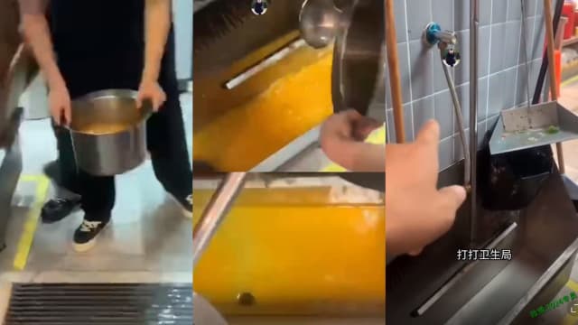 揭餐厅员工在拖把槽接自来水兑橙汁 拍摄者：很多小孩在喝
