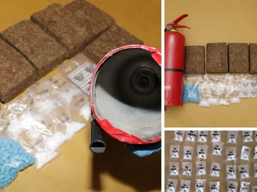 Some of the controlled drugs, including cannabis, Ice, Ecstasy tablets and lysergic acid diethylamide stamps, seized from the vicinity of Rivervale Street in a CNB operation on Sept 26, 2022.