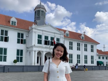 The writer (pictured) visiting Jakarta’s historic Kota Tua on a weekend.