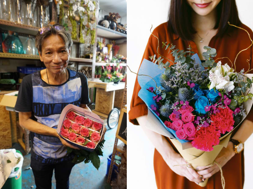 (Left) Arthur Chua, 58, owner of Ace’s of Vase Pte Ltd. (Right) 19-year-old Windflower Florist & Gifts overhauled its look and business model after its owner's son took over the business. They now do more unconventional arrangements and use different materials such as brown paper. Photo: Emilia Tan, Windflower Florist & Gifts