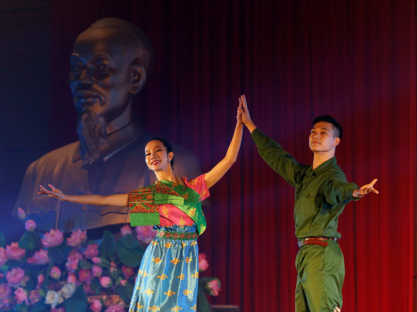 Performers, dressed in Cambodian traditional costume and Vietnamese soldier uniform, take part at a ceremony to mark the 40th anniversary of the Jan 7 victory over the Khmer Rouge regime, in Hanoi, Vietnam, on Jan 4, 2019.
