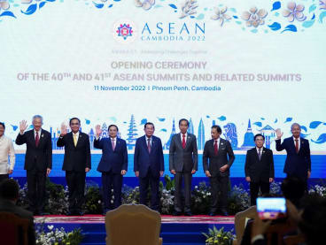 Asean leaders pose for a group photo at the opening ceremony for the 40th and 41st Asean Summits and related summits in Phnom Penh, Cambodia on Nov 11, 2022.