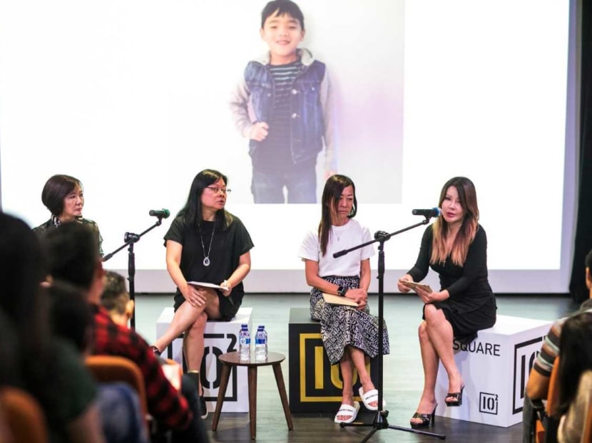 (Left to right) Ms Jenny Teo, Ms Tan Lay Ping, Ms Elaine Lek and Ms Doreen Kho launch their "PleaseStay" movement on Tuesday (Oct 29). The boy pictured on the screen is Ms Kho's son 11-year-old Evan Low, who ended his own life about two years ago.