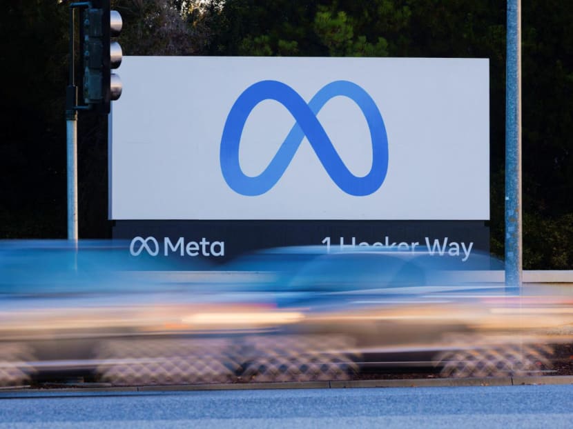 Morning commute traffic streams past the Meta sign in Mountain View, California on Nov 9, 2022.