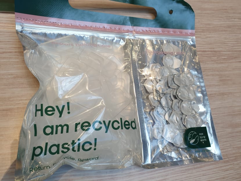 Users who return specially issued bags filled with blister packs (left) and aluminium foils (right) to any Capitol Optical branch can claim a S$5 voucher from the eyewear chain. Users who return specially issued bags filled with blister packs (left) and aluminium foils (right) to any Capitol Optical branch can claim a S$5 voucher from the eyewear chain.