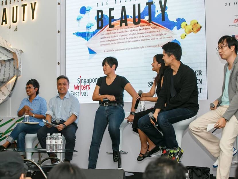 True Art Is Always Ugly was the topic at the final debate of this year's Singapore Writers Festival. From left: The "against" team's Loretta Chen, Susie Lingham and Adrian Tan; moderator Eleanor Wong; and the "for" team's Conchitina Cruz, Darryl Wee and Gwee Li Sui. Photo: Singapore Writers Festival's Facebook page.