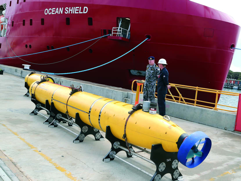 An autonomous underwater 
vehicle at the HMAS Stirling naval base in Perth, Australia, has been fitted to the Australian ship Ocean Shield to help in the search for Flight MH370. Photo: AP