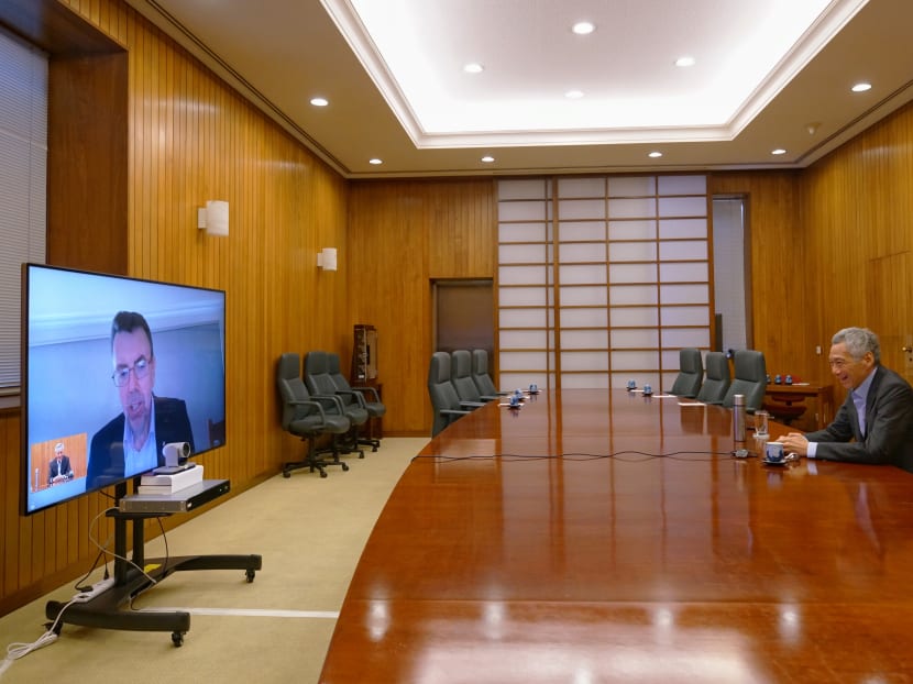 Prime Minister Lee Hsien Loong during the Skype interview with The Australian journalist Greg Sheridan. Prime Minister Lee Hsien Loong during the Skype interview with The Australian journalist Greg Sheridan.