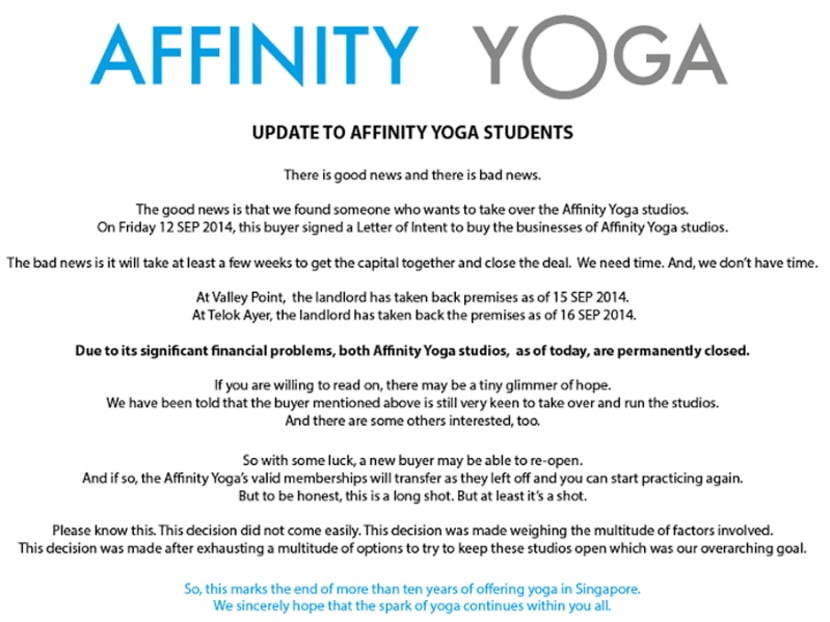 A screengrab of the posting on Affinity Yoga's Facebook page. Photo: Facebook/Affinity Yoga