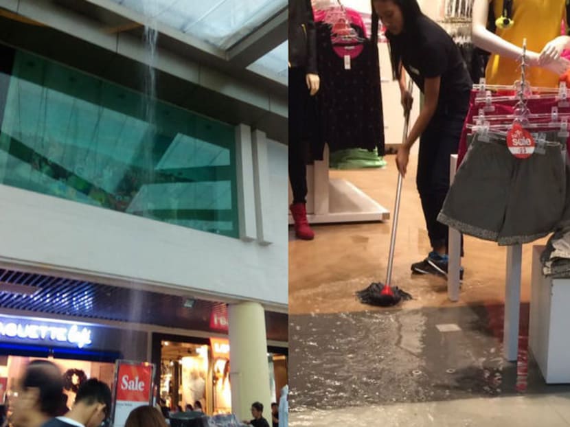 (From left) Rain leaked from the roof of an outdoor area of Tampines Mall, while large puddles of water was seen inside the mall on Dec 7, 2014. Photo: @wongyuetying/Twitter and Chow May Kee.