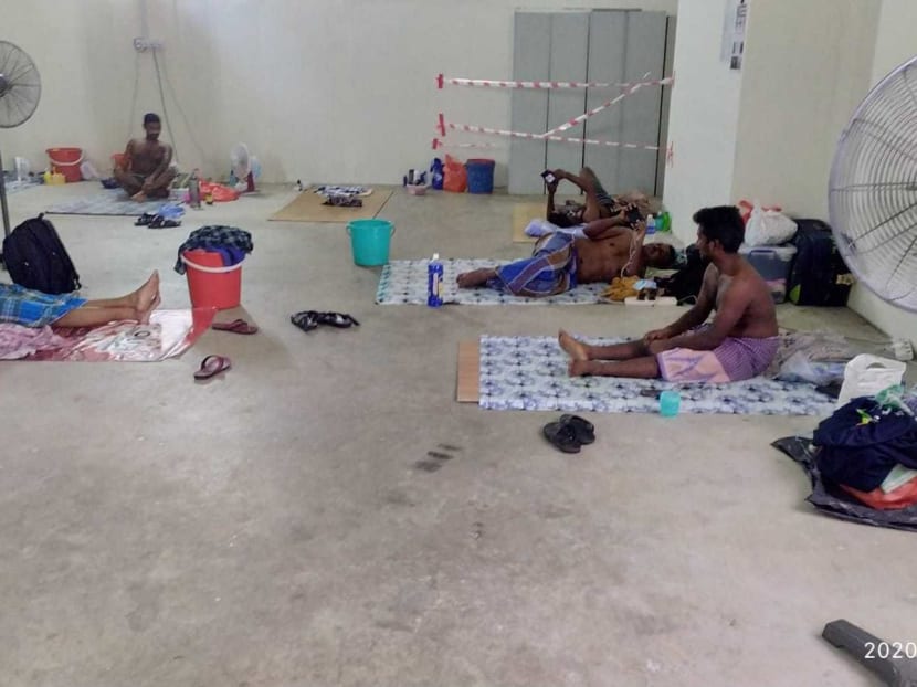 A photograph supplied by the employer of foreign workers at Joylicious dormitory at 11 Tuas Avenue 10 who were locked in a different room for 24 hours after a roommate tested positive to Covid-19 on April 20, 2020. The photo shows their new room, said the employer, V Spec Engineering & Supplies.