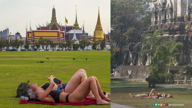 游客于泰国古庙和大皇宫前  穿短裤背心晒日光引热议