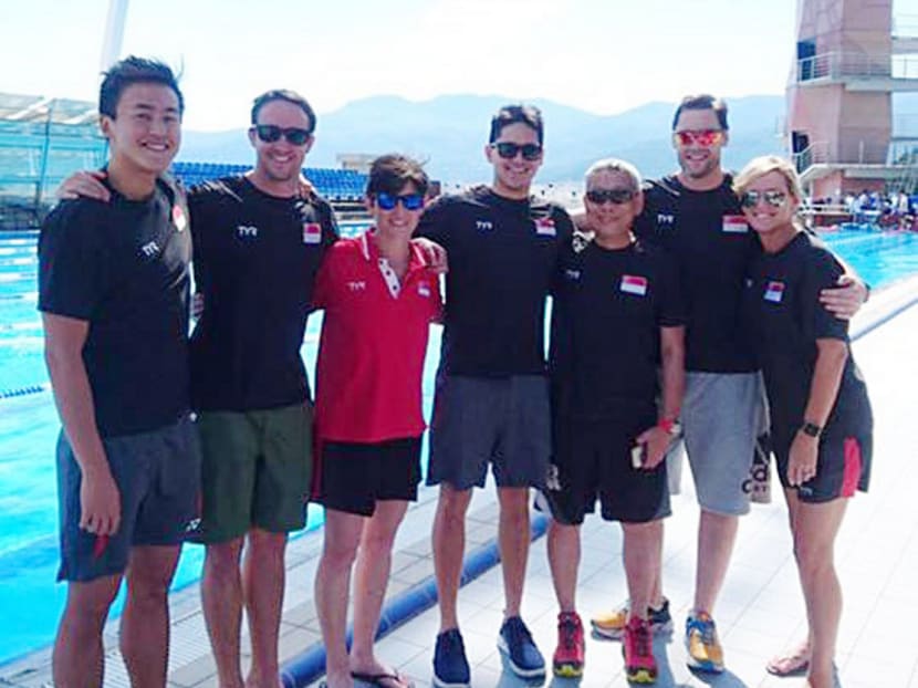 The Singapore swimmers and their support staff. (From left) Quah Zheng Wen, biomechanist Ryan Hodierne, Singapore Swimming Association (SSA) technical director Sonya Porter, Joseph Schooling, trainer Peter Soon, nutritionist Richard Swinbourne and psychologist Tracy Veivers. Photo: SSA