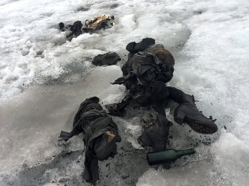 This handout picture distributed on July 18, 2017 by the Swiss cable cars company Glacier 3000 shows the mummified remains of a Swiss Couple who went missing 75 years ago and who were found in a glacier in the Diablerets mountains, in southern Switzerland. Photo: AFP