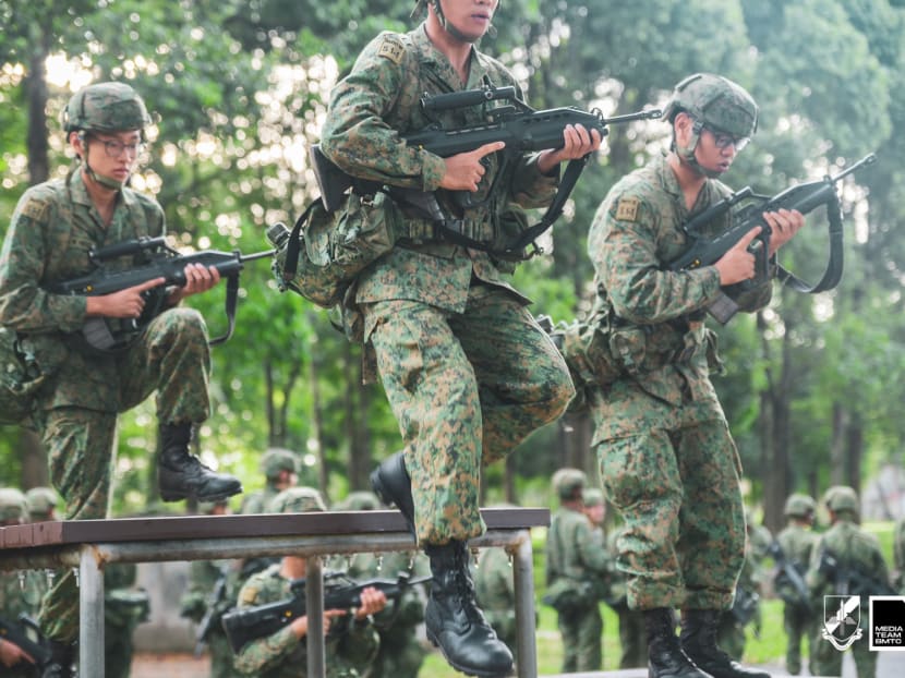Recruits undergoing training at the Basic Military Training Centre in Pulau Tekong. Recruits undergoing training at the Basic Military Training Centre in Pulau Tekong.