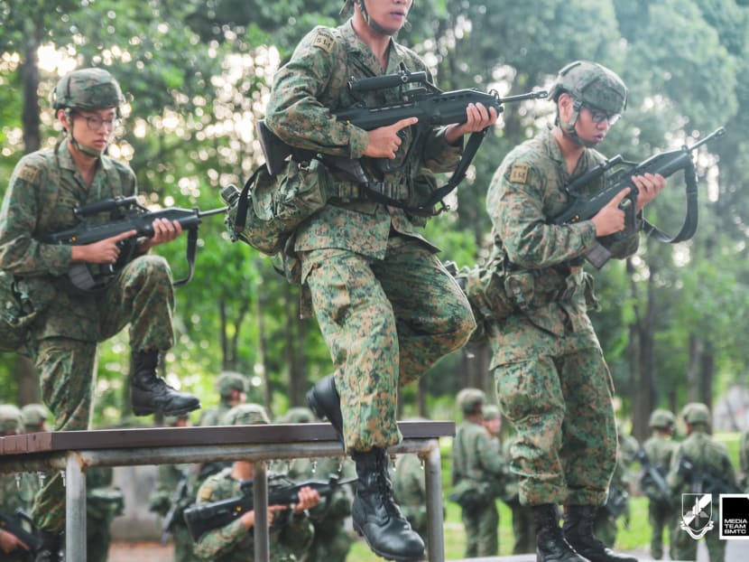 Recruits undergoing training at the Basic Military Training Centre in Pulau Tekong. 
