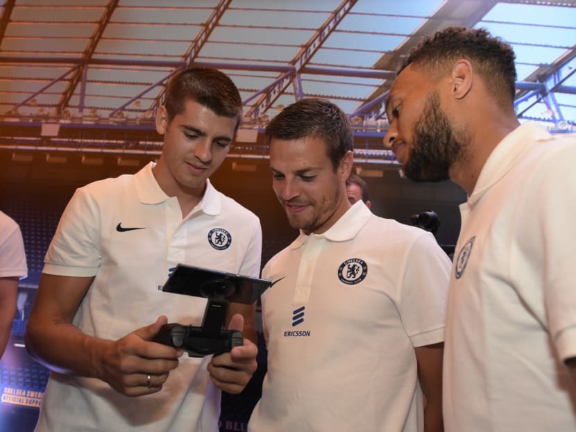 Alvaro Morata (left) with teammates Cesar Azpilicueta (centre) and Lewis Baker at the Ericsson event at the Ritz Carlton Hotel. Morata hopes to become a first-team regular so as to improve his chances of playing in the 2018 World Cup finals. Photo: Ericsson