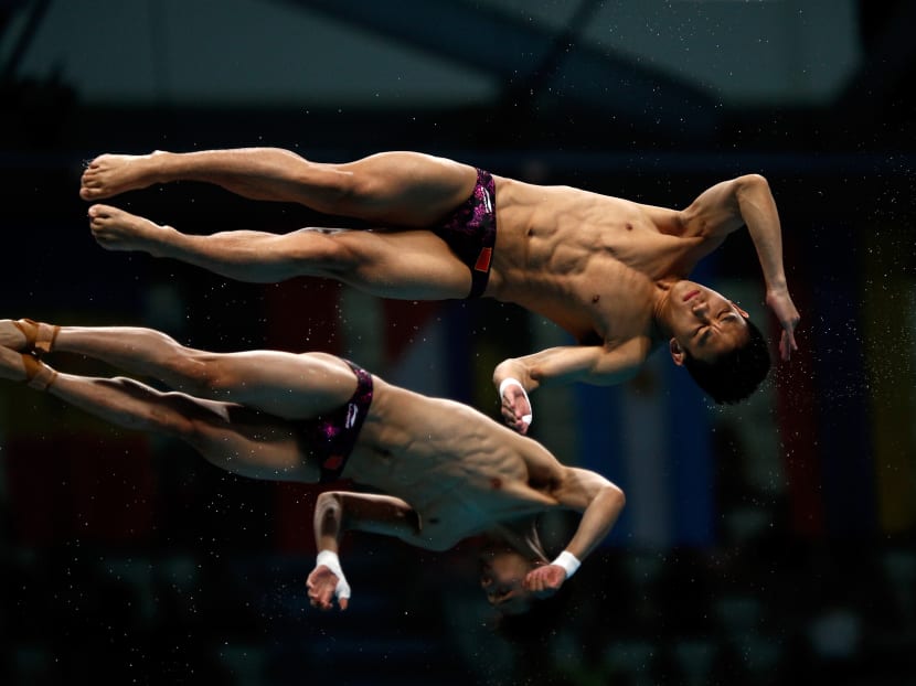 China's  Aisen Chen and Hao Yang in action during the Men's Diving 10m Synchro Plaform final at the 2017 FINA World Championships  in Budapest, Hungary.  Photo: Getty Images