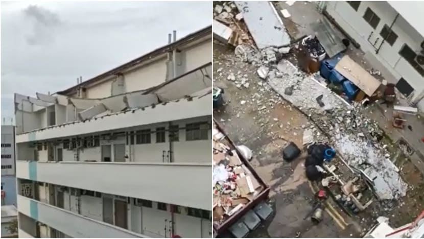 Concrete structure on top level of Bedok industrial building collapses, no injuries Concrete structure on top level of Bedok industrial building collapses, no injuries