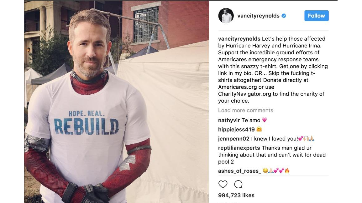 Ryan Reynolds urges fans to support Hurricane victims - 8days