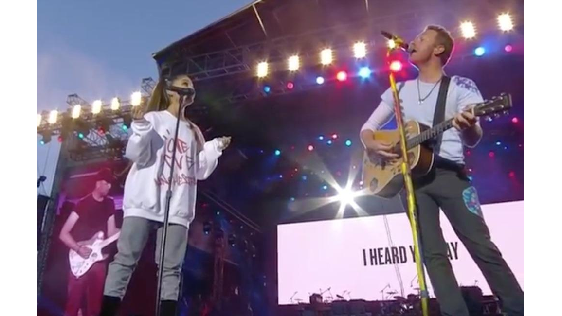 Coldplay and Ariana Grande perform Don't Look Back In Anger at benefit