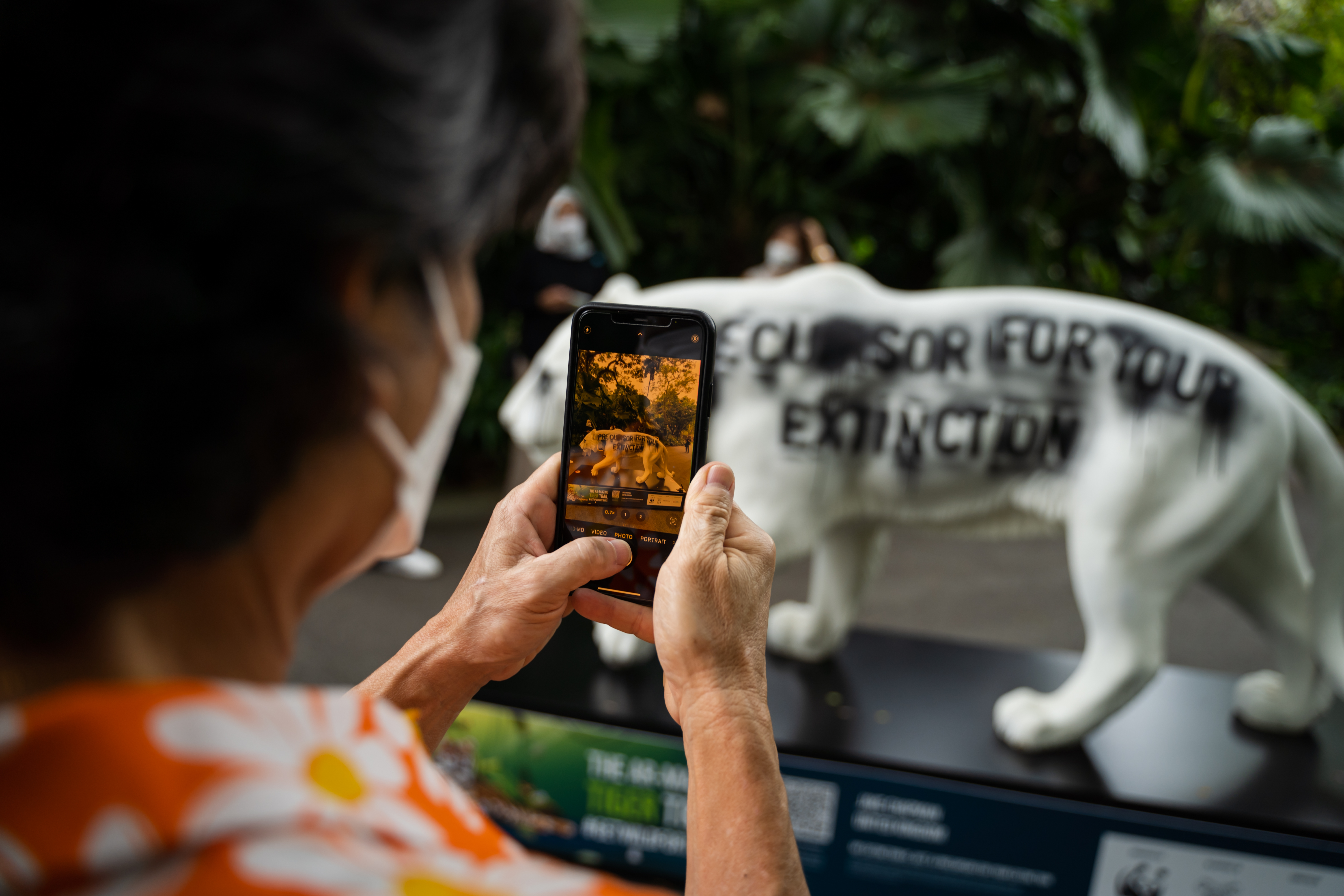 visitor taking a photo of a tiger sculpture