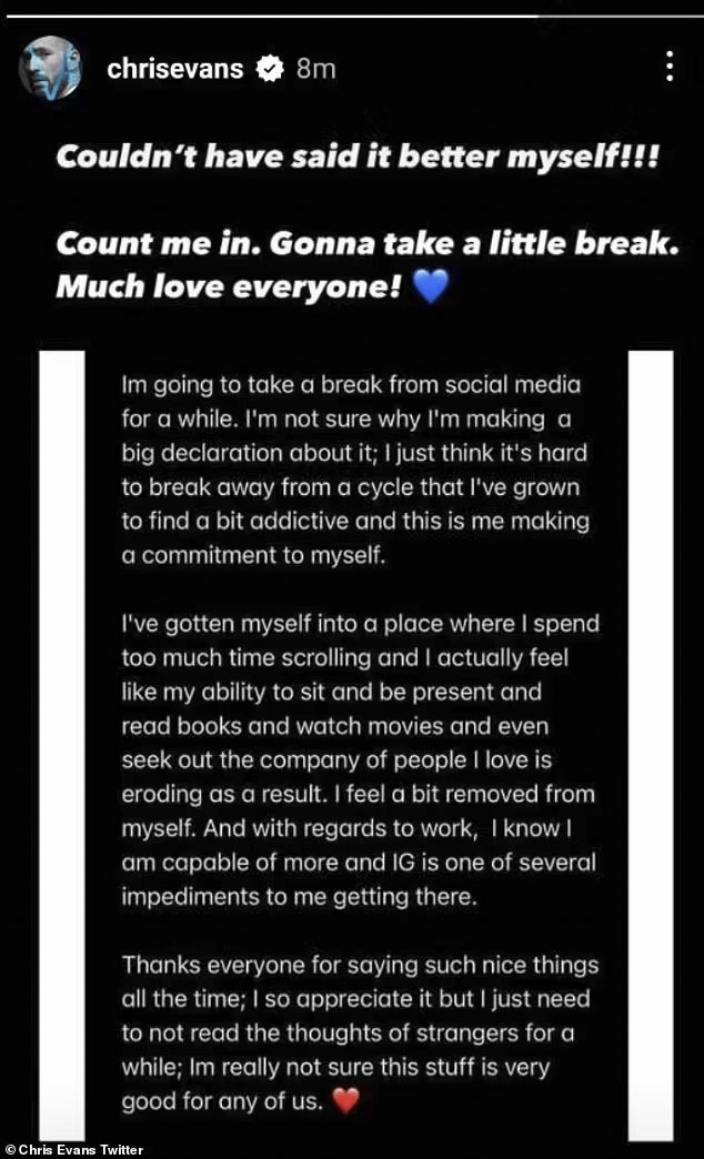 Chris Evans Quits Social Media 8days